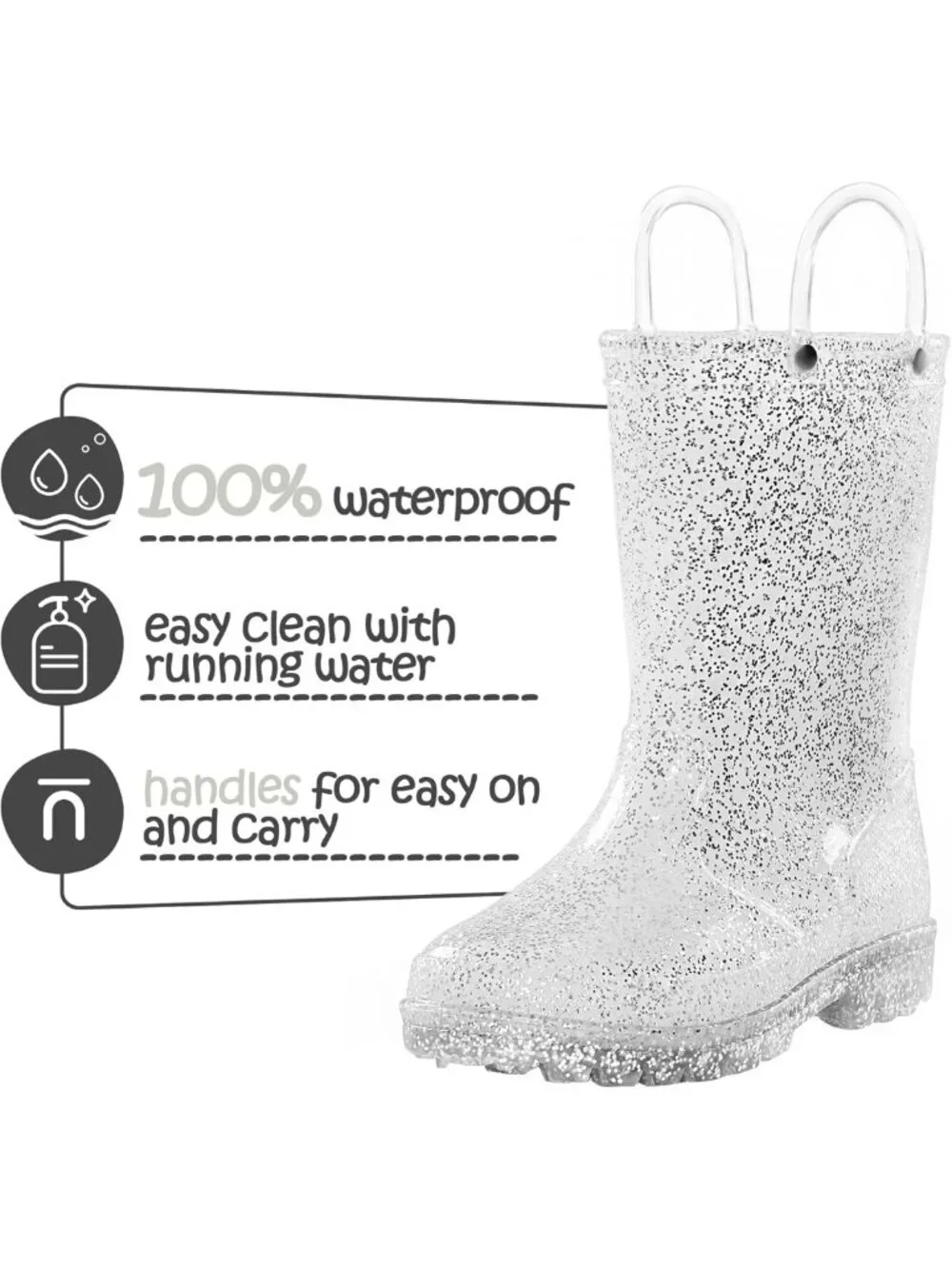 Glitter Waterproof Girls' Rain Boots with Easy-On Handles for Kids